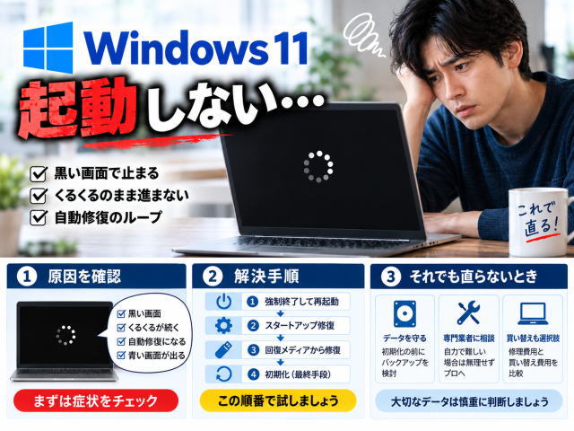 Windows 11が黒い画面で起動しないときの直し方|カーソルあり・なし別に解説【2026年版】