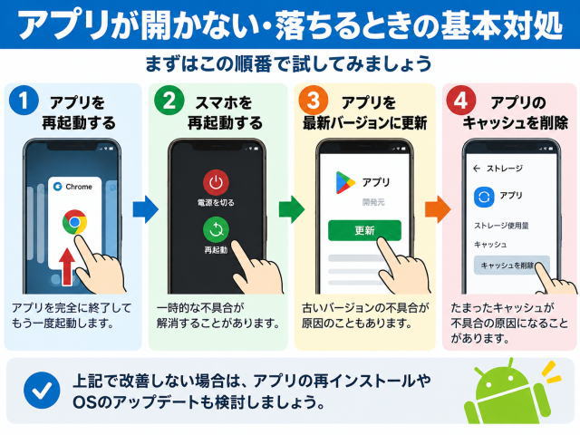 Androidアプリが開かない・すぐ落ちるときの直し方|停止を繰り返す原因と対処法